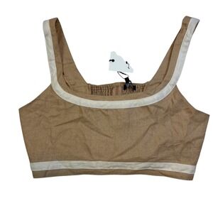 7 For All Mankind Linen Blend Crop Top White Trim Sleeveless Tan Size M Boho‎